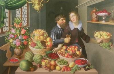 Mies ja nainen pöydän ääressä hedelmillä ja vihanneksilla tekijältä Georg Flegel